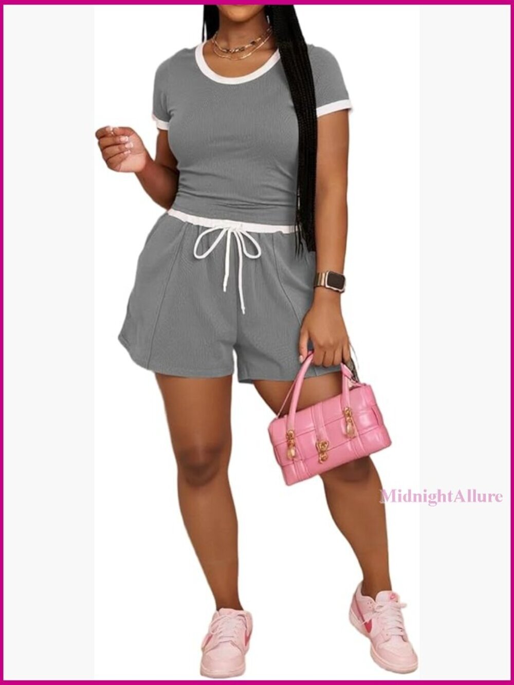 Women 2 Piece Ribbed Knit Lounge Set Short Sleeve Top High Waist Shorts Travel